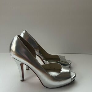 Steven Lollyy Shiny Silver Platform Pumps Peep-Toe High Heels Size 8.5